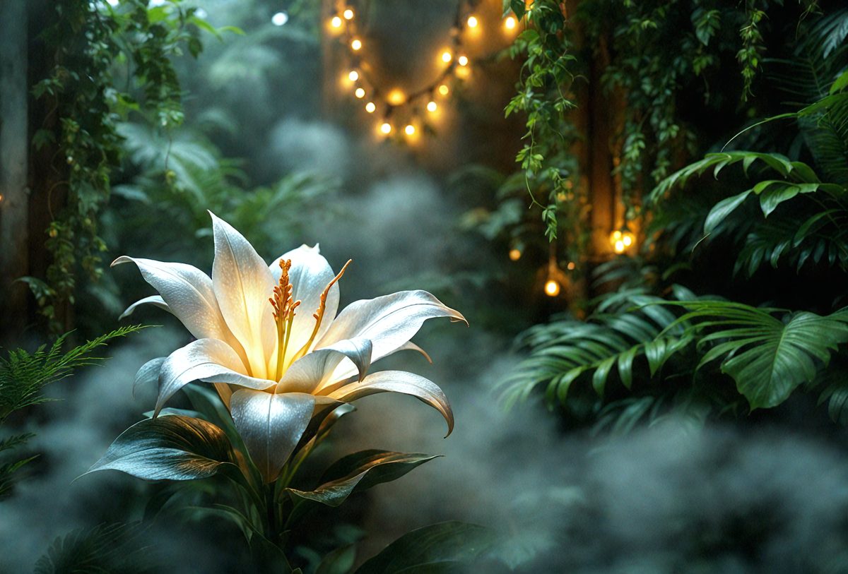 The primary subject of the image is a white flower with a yellow center, which is the main focus of the scene. The setting is a forest with a misty atmosphere, creating a serene and mystical environment. The visual style is a photo, capturing the beauty of the flower in its natural habitat. The dominant colors are white and yellow, with the white flower and yellow center creating a sense of purity and warmth.