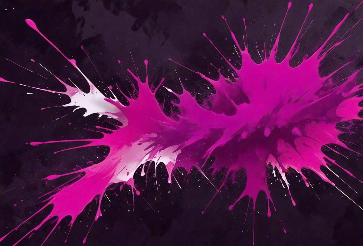 The primary subject of the image is a large, pink splash of paint, which appears to be a digital art or illustration. The setting is a black background, which contrasts with the vibrant pink splash. The visual style suggests that the image is a creative and artistic representation of a splash of paint. The colors and mood of the image are predominantly pink, which gives it a lively and energetic atmosphere.