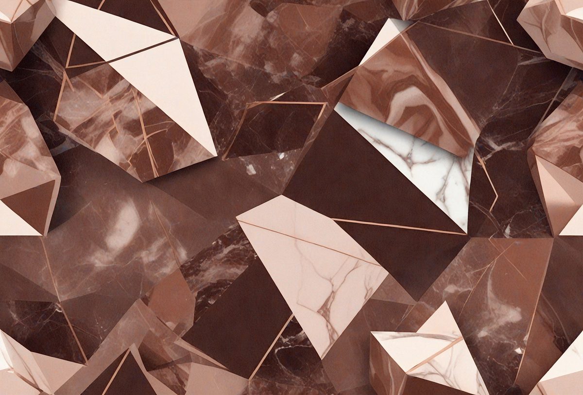 The primary subject of the image is a marble wall with a pattern of triangles and diamonds. The setting is a room with a brown marble wall, and the visual style is a close-up of the marble wall. The colors and mood of the image are predominantly brown and earthy, giving the scene a natural and elegant appearance.