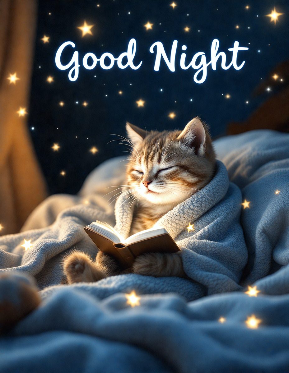 The primary subject of the image is a cat, which is laying on a bed and appears to be reading a book. The setting is a cozy bedroom, with a bed and a book. The visual style is a digital art, illustration, or drawing, creating a warm and inviting atmosphere. The dominant colors are shades of blue and white, which contribute to the overall mood of the image.