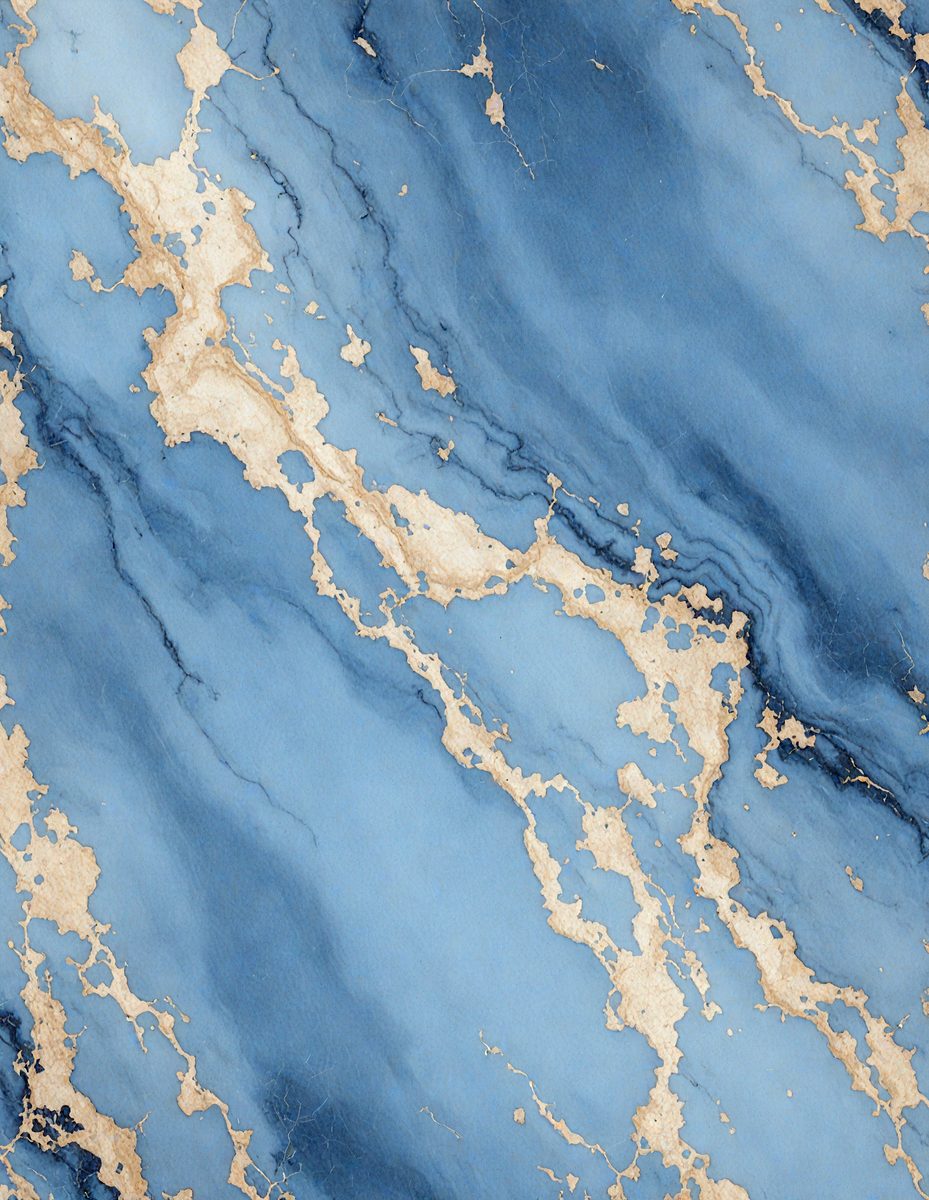 The primary subject of the image is a blue and gold marbled wall. The setting is a room with a blue and gold marbled wall, which serves as the background. The visual style is a photo, capturing the intricate details of the marbled wall. The dominant colors are blue and gold, creating a luxurious and elegant atmosphere.