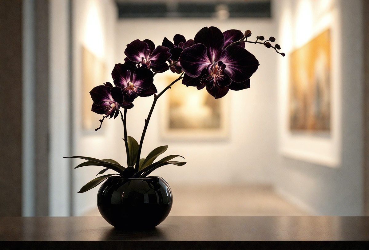 The primary subject of the image is a vase filled with purple flowers, placed on a table. The setting is a room with a white wall, and the visual style appears to be a photo. The dominant colors in the image are purple and white, creating a calm and serene atmosphere.