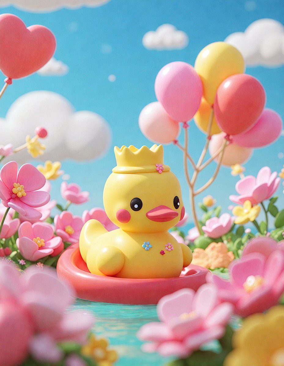 The primary subject of the image is a yellow rubber ducky. The setting is a pink and white flower garden, with the ducky floating on a pink raft. The visual style is a digital art illustration, and the colors and mood are predominantly pink and white, creating a cheerful and whimsical atmosphere.