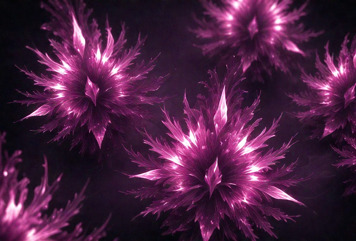 The primary subject of the image is a group of purple flowers with long petals. The setting is a dark background, which contrasts with the vibrant purple flowers. The visual style is a close-up of the flowers, showcasing their details. The colors and mood of the image are predominantly purple, creating a sense of elegance and beauty.