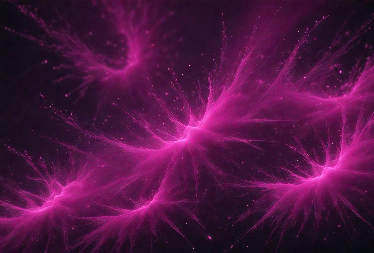 The primary subject of the image is a purple, pink, and white nebula, which is a space object that resembles a cloud. The setting is a dark, starry sky, and the visual style is a digital art or illustration. The dominant colors in the image are purple, pink, and white, creating a vibrant and luminous atmosphere.