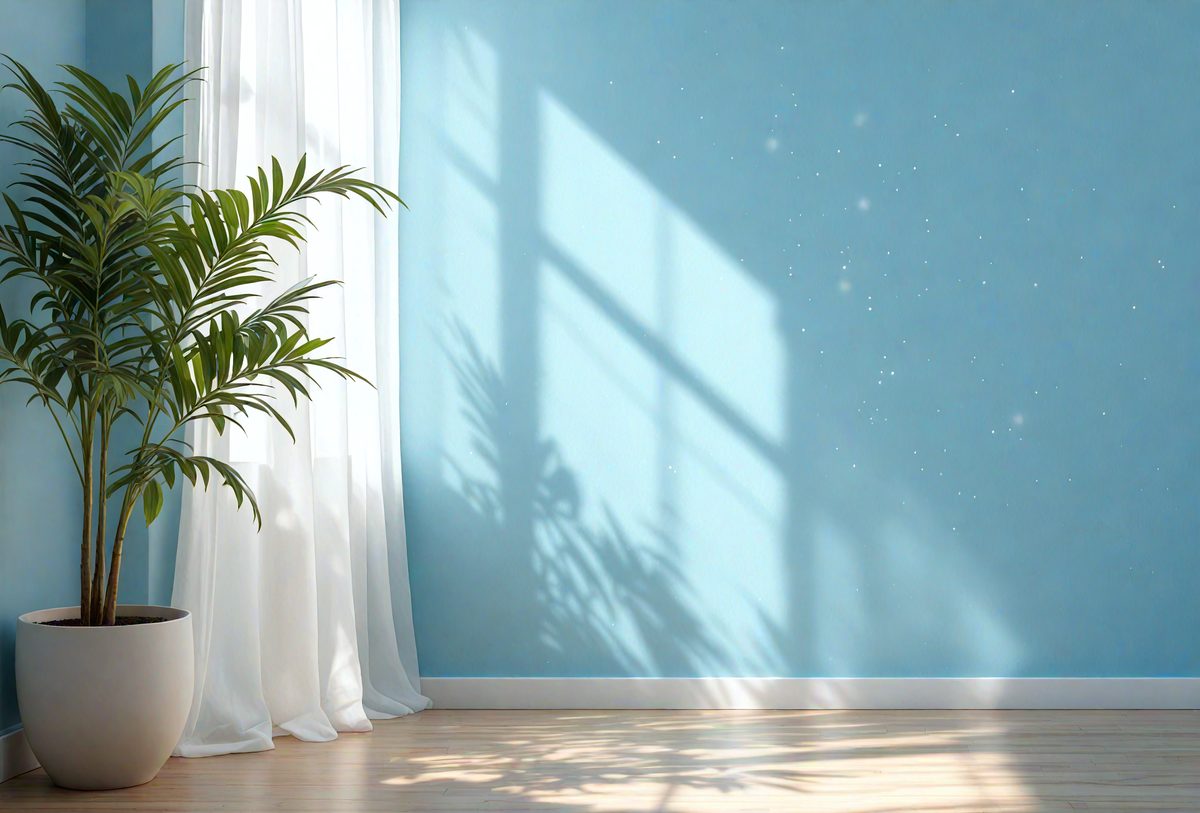 The primary subject of the image is a large potted plant with a long leaf, placed in a corner of a room. The plant is positioned near a window, which allows sunlight to shine on it. The setting is a room with a blue wall, and the visual style appears to be a photo. The colors in the image are predominantly blue, creating a calm and serene atmosphere.