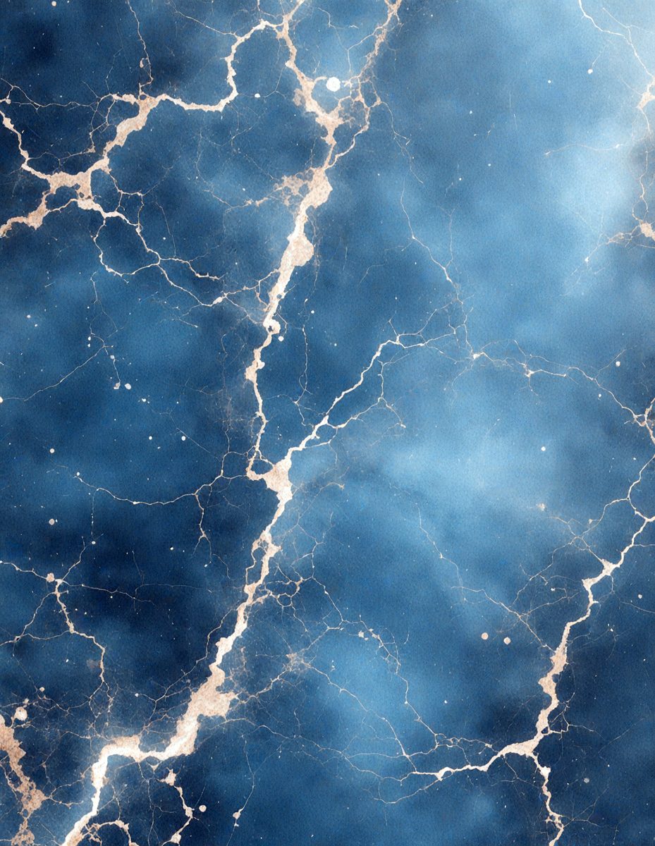 The primary subject of the image is a blue and white marbled surface, which appears to be a wall or a piece of art. The setting is a room with a blue and white marbled wall, and the visual style is a close-up of the marbled surface. The colors and mood of the image are predominantly blue and white, creating a calm and serene atmosphere.