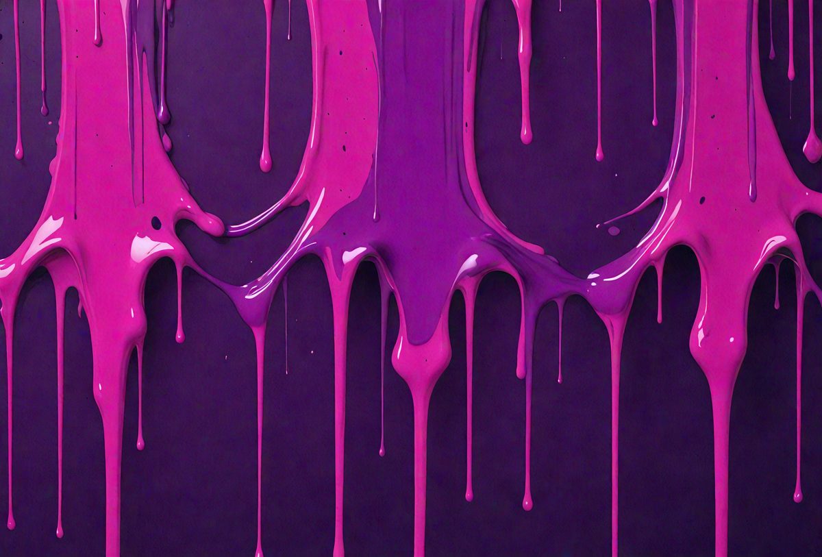 The primary subject of the image is a close-up of a purple substance, which appears to be a mixture of paint and water. The setting is a purple background, and the visual style is a close-up of the purple substance. The colors and mood of the image are predominantly purple, creating a moody and artistic atmosphere.