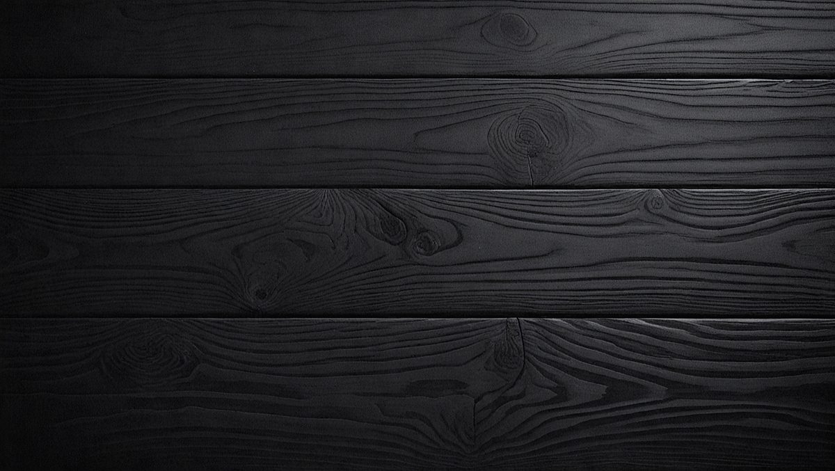 The primary subject of the image is a wooden wall with a black background. The setting is a room with a wooden floor. The visual style is a close-up of the wooden wall, showcasing its texture and details. The colors and mood of the image are dark and moody, with the black wooden wall and floor creating a dramatic atmosphere.