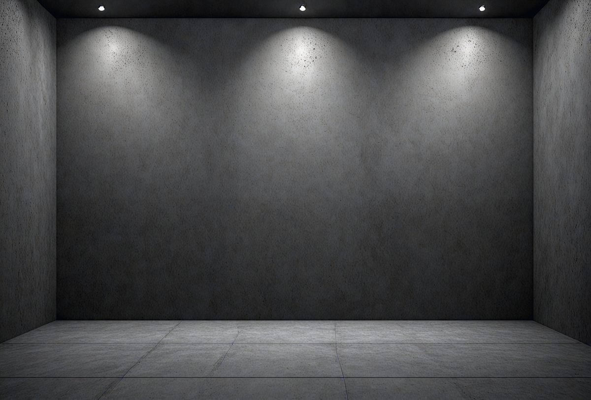 The primary subject of the image is a large, empty room with a gray wall. The setting is a dark room with a single light source, creating a dramatic atmosphere. The visual style is a black and white photo, which adds a sense of depth and contrast to the scene. The colors and mood are predominantly dark and moody, with the gray wall and single light source contributing to the overall ambiance.