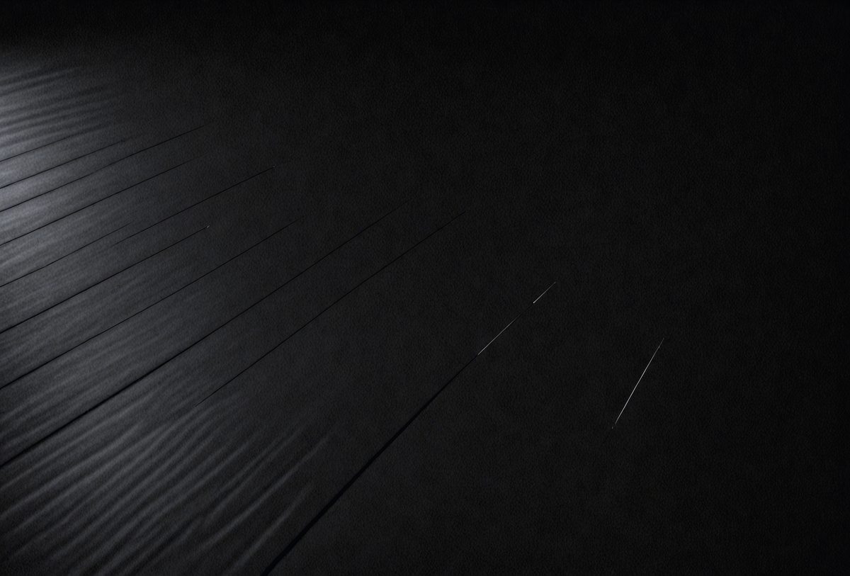 The primary subject of the image is a black background with a pattern of white lines. The setting is a dark room, and the visual style appears to be a digital art or illustration. The dominant colors are black and white, creating a moody and dramatic atmosphere.