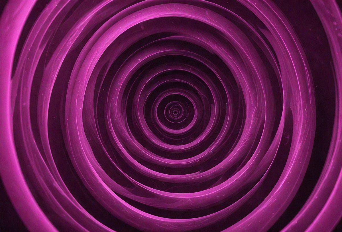 The primary subject of the image is a purple spiral, which appears to be a part of a larger pattern. The setting is a dark background, which contrasts with the purple spiral. The visual style is a combination of a photo and digital art, creating a unique and intriguing appearance. The colors and mood of the image are predominantly purple, giving it a calming and serene atmosphere.