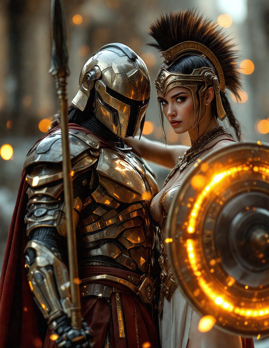 The primary subject of the image is a man and a woman dressed in costumes, with the woman wearing a gold helmet. They are standing close to each other, possibly posing for a picture. The setting appears to be a dark room with a few lights illuminating the scene. The visual style of the image is a combination of digital art and illustration, creating a unique and intriguing atmosphere. The dominant colors in the image are gold, red, and black, which contribute to the overall mood of the scene.