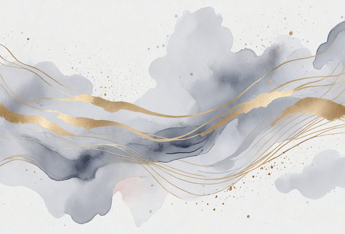 The primary subject of the image is a painting or drawing of a wave, featuring gold and blue colors. The setting is a white background, and the visual style appears to be a combination of digital art and illustration. The painting or drawing creates a sense of motion and fluidity, with the gold and blue colors contributing to a calming and serene atmosphere.