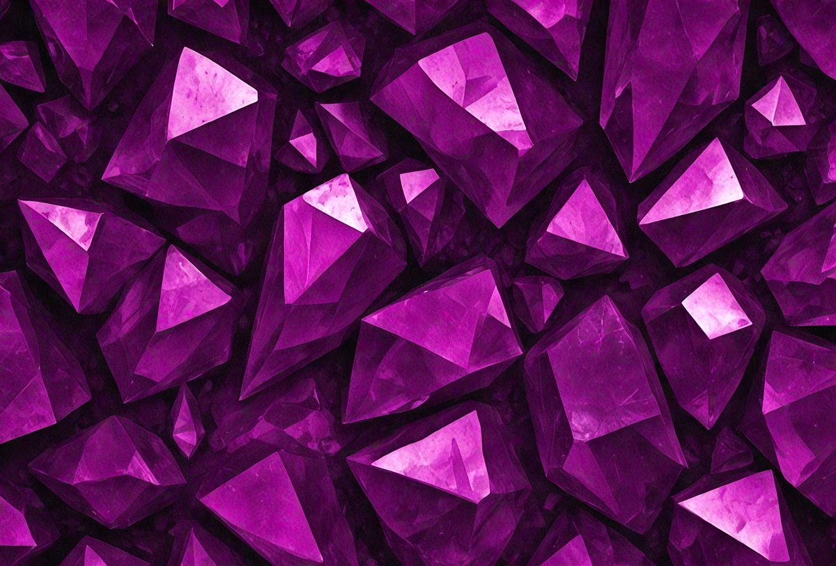 The primary subject of the image is a large cluster of purple crystals, which are the main objects in the scene. The setting is a purple background, which creates a visually striking contrast with the crystals. The visual style of the image is a combination of photo and digital art, as it appears to be a close-up of the crystals, but the background is a digital creation. The colors and mood of the image are predominantly purple, giving it a unique and captivating appearance.