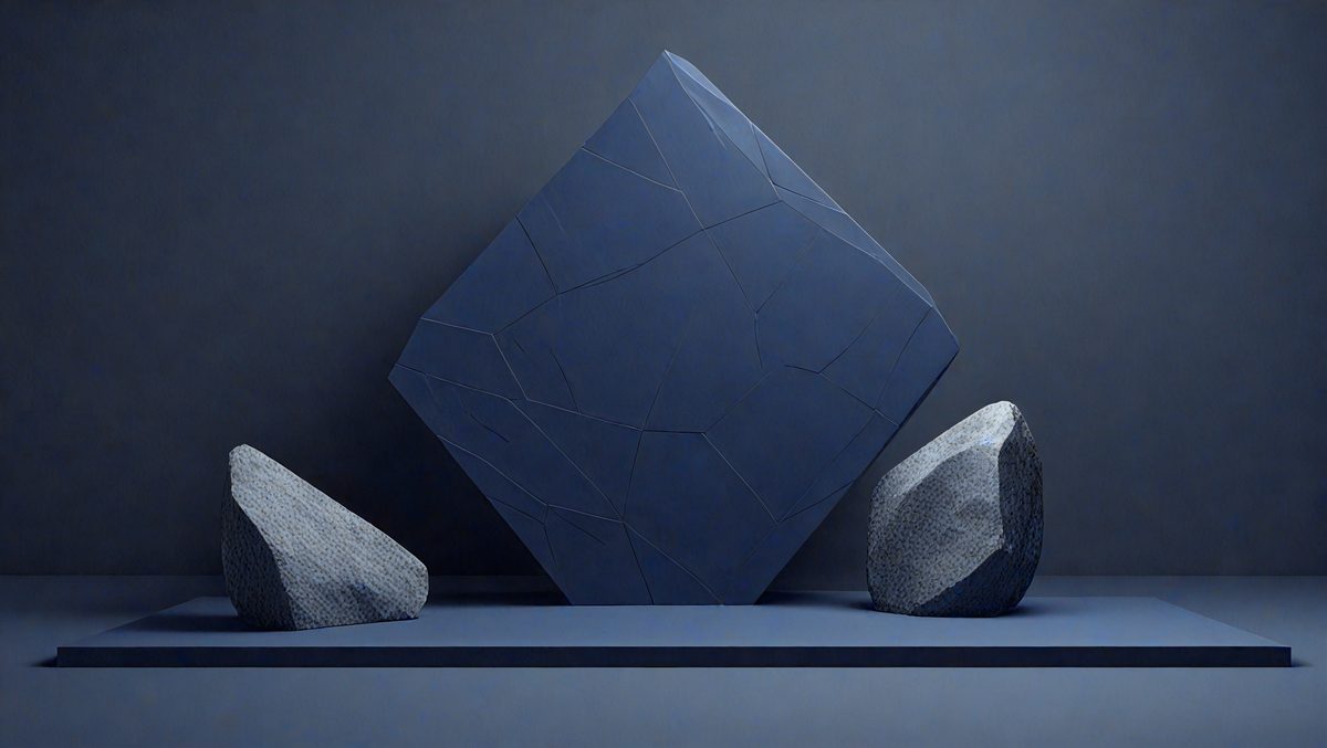 The primary subject of the image is a large blue rock, which is the main object in the scene. The setting is a dark room, with a blue wall and a blue table. The visual style is a photo, and the dominant colors are blue and black. The overall atmosphere is mysterious and intriguing.