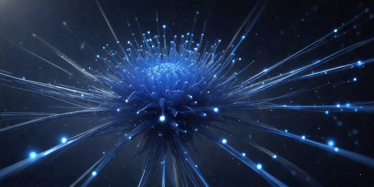 The primary subject of the image is a blue flower with a purple center, surrounded by a mass of blue and purple wires. The setting appears to be a dark, possibly futuristic environment. The visual style of the image is a combination of digital art and illustration, creating a unique and intriguing scene. The dominant colors in the image are blue and purple, giving the image a calm and serene atmosphere.