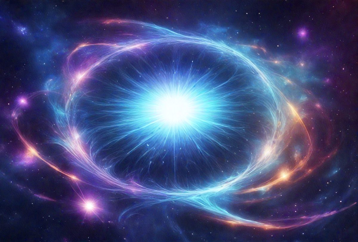 The primary subject of the image is a bright, colorful, and swirling light, which appears to be a nebula or a star exploding. The setting is a space filled with stars, creating a vibrant and dynamic backdrop. The visual style of the image is a combination of photo and digital art, as it captures the beauty and complexity of the celestial scene. The colors and mood of the image are predominantly purple and blue, with a sense of wonder and awe.