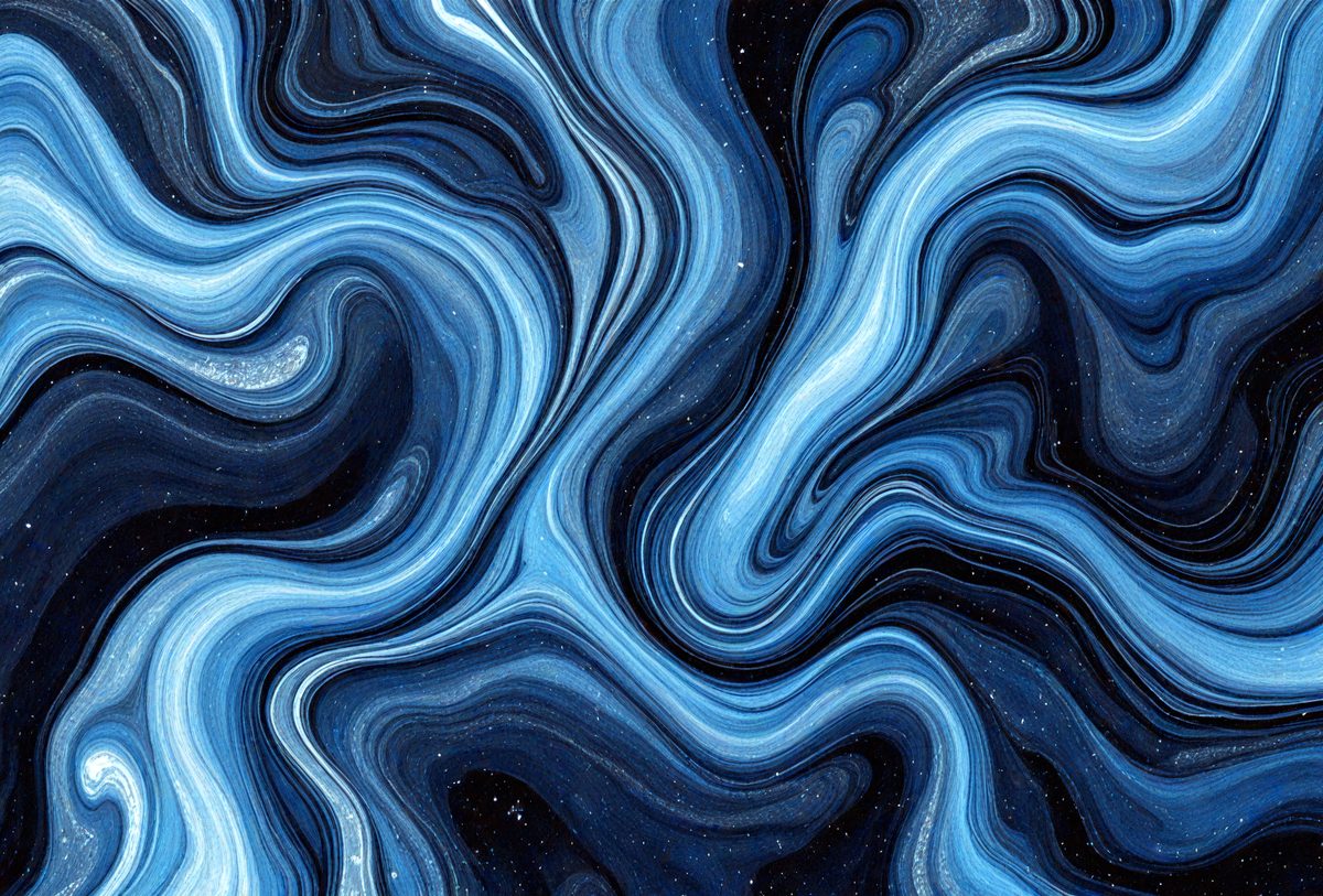 The primary subject of the image is a blue and white swirling pattern, which appears to be a digital art or illustration. The setting is a dark background, which contrasts with the swirling pattern. The visual style is a combination of digital art and illustration, creating a unique and captivating image. The dominant colors are blue and white, with the swirling pattern adding a sense of depth and movement to the overall atmosphere.