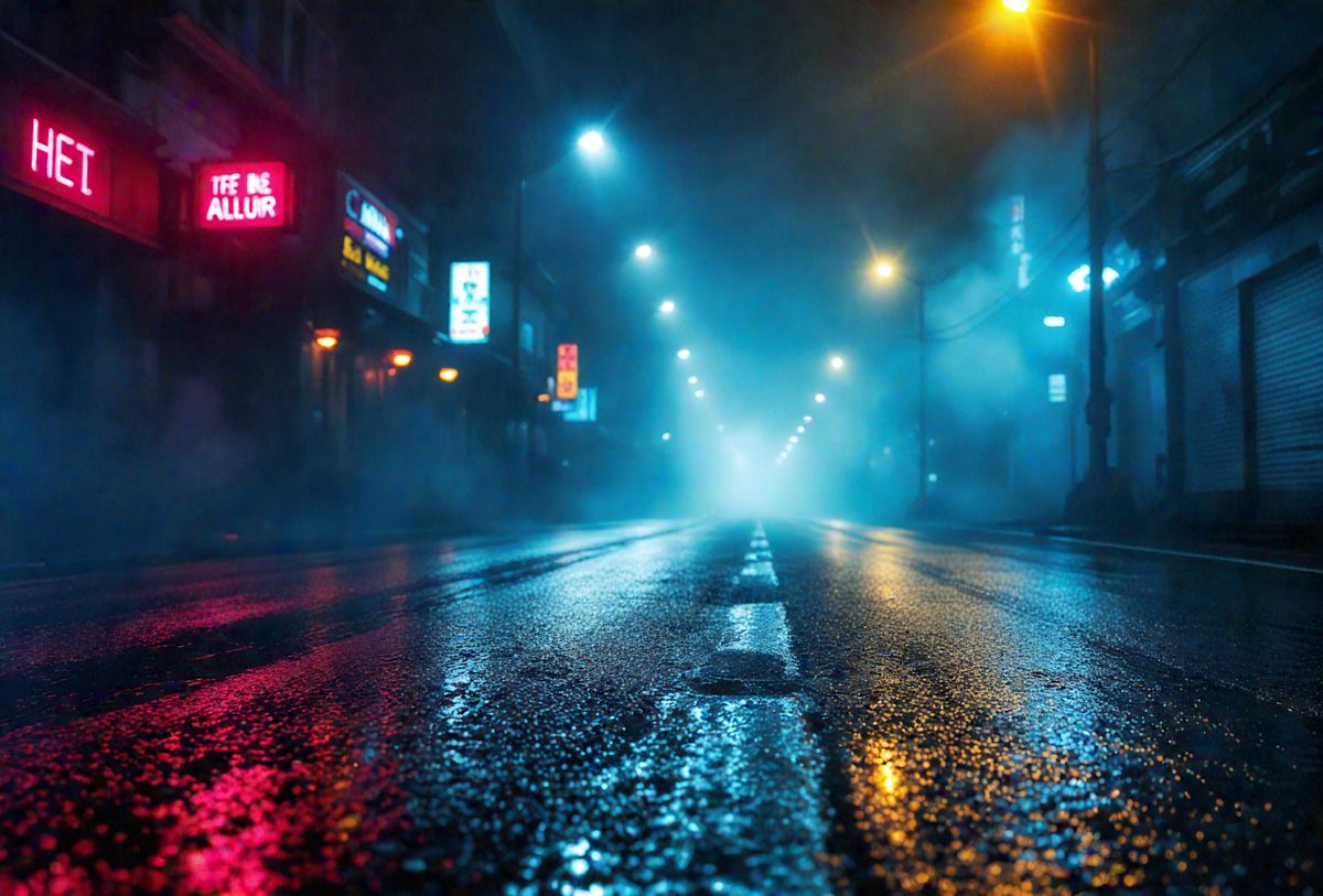 The primary subject of the image is a street at night, with a wet road reflecting the lights of the street lamps. The setting is a city street with a few buildings in the background. The visual style is a photo, capturing the nighttime atmosphere and the reflections on the wet road. The colors and mood are predominantly dark, with the street lamps providing a source of light in the otherwise dimly lit environment.