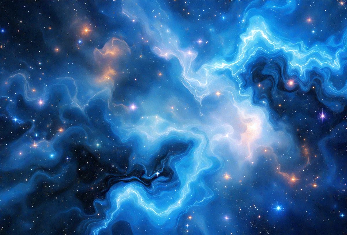 The primary subject of the image is a blue and purple nebula, which is a swirling mass of gas and dust in space. The setting is a vast, dark space with a backdrop of stars, creating a sense of depth and vastness. The visual style is a combination of digital art and illustration, with the nebula's swirling patterns and the stars' twinkling lights creating a captivating and dynamic scene. The colors and mood of the image are predominantly blue and purple, with a hint of orange, giving the impression of a serene and peaceful space.