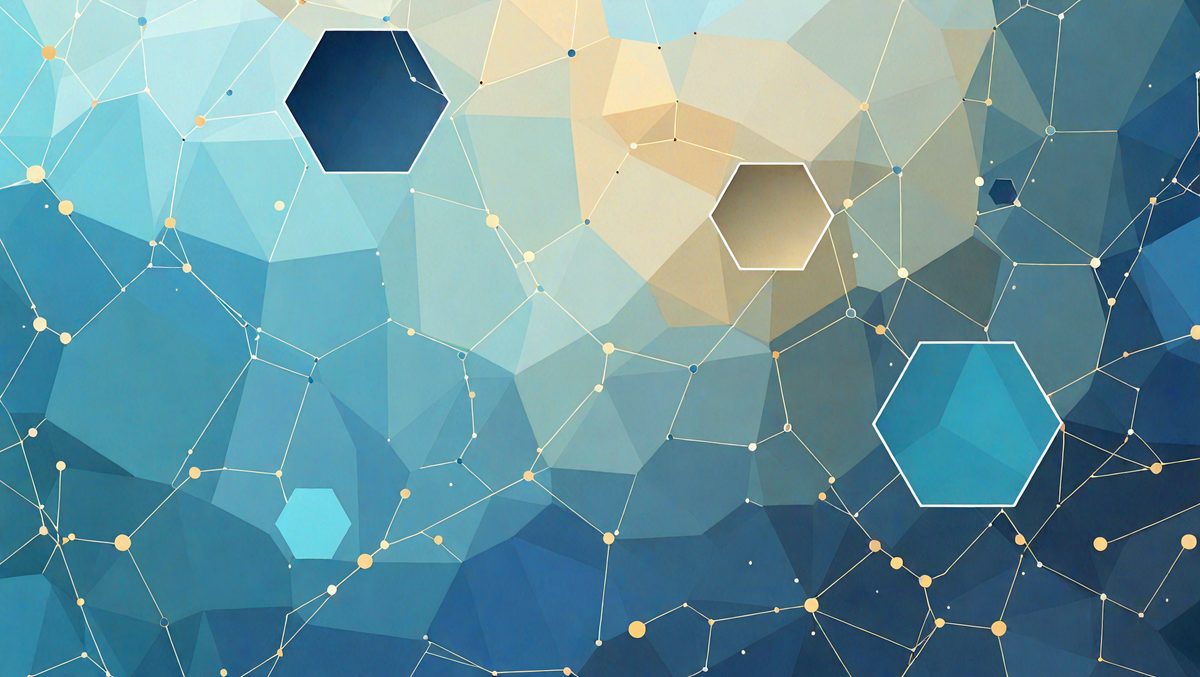 The primary subject of the image is a blue and white geometric pattern. The setting is a blue background, and the visual style appears to be a digital art or illustration. The dominant colors are blue and white, creating a calm and soothing atmosphere.