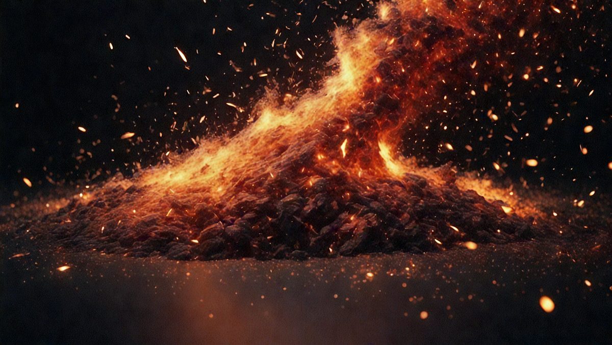 The primary subject of the image is a fire, which is burning brightly and creating a dramatic scene. The fire is surrounded by a pile of rocks, which are also on fire, adding to the intensity of the image. The setting appears to be a dark environment, with the fire and rocks being the main focus of the scene. The visual style of the image is a combination of photo and digital art, creating a striking and captivating image. The dominant colors in the image are red and orange, which are associated with fire and
