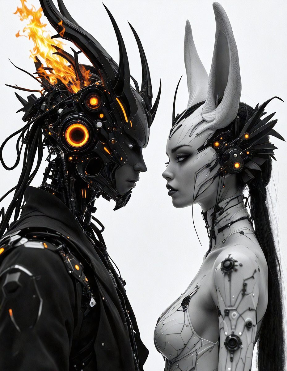 The primary subject of the image is a man and a woman, both wearing futuristic, robotic-like costumes. They are standing close to each other, with the woman positioned behind the man. The setting appears to be a futuristic or fantasy-themed environment, possibly a sci-fi or fantasy artwork. The visual style of the image is a combination of digital art and illustration, creating a unique and intriguing scene. The colors and mood of the image are predominantly dark