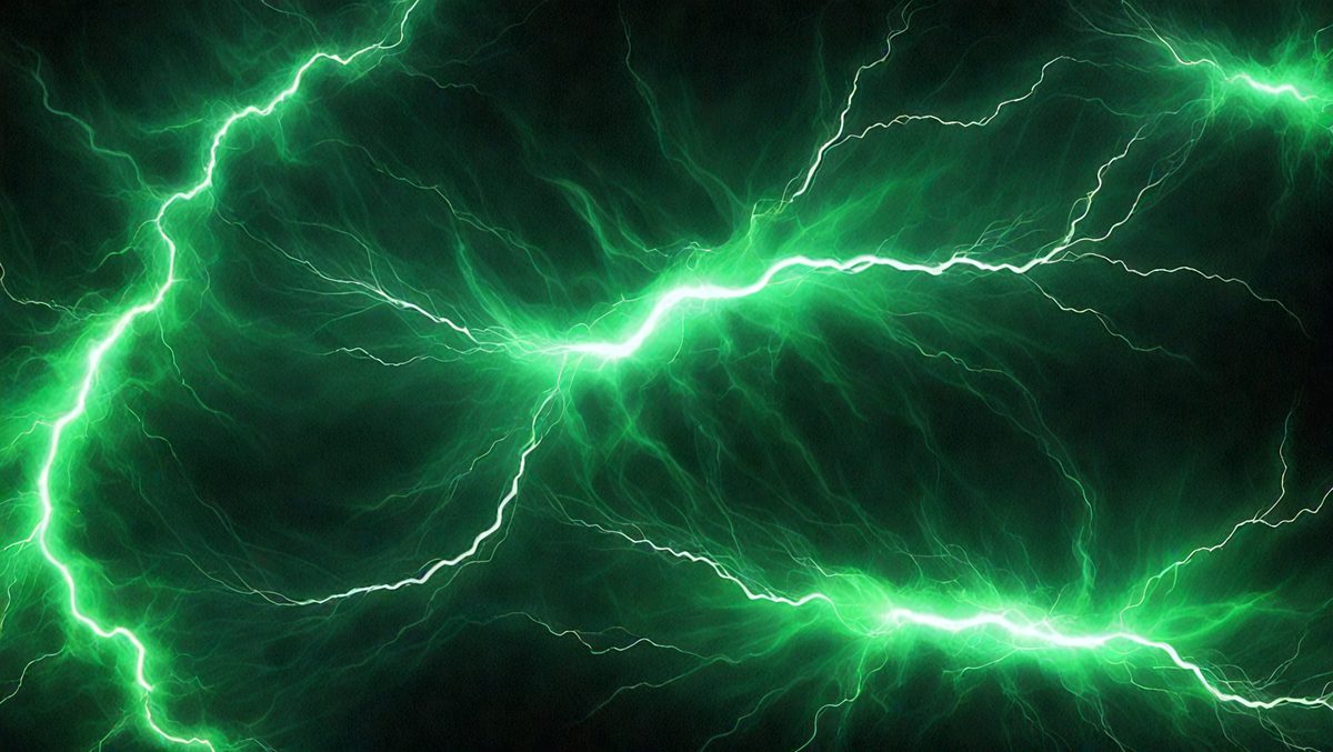 The primary subject of the image is a green lightning bolt, which is the main object, scene, or focus of the image. The setting or background is a dark, black sky, which provides a contrasting backdrop for the lightning bolt. The visual style of the image is a digital art or illustration, as it is a well-defined and detailed representation of the lightning bolt. The colors and mood of the image are predominantly green, with the lightning bolt being the main source of color