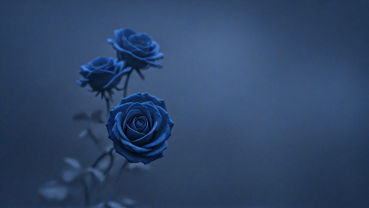 The primary subject of the image is a group of three blue roses. They are placed against a dark blue background, which creates a striking contrast with the vibrant color of the flowers. The visual style of the image is a close-up of the flowers, emphasizing their beauty and details. The overall atmosphere of the image is serene and elegant, with the blue roses serving as the focal point.