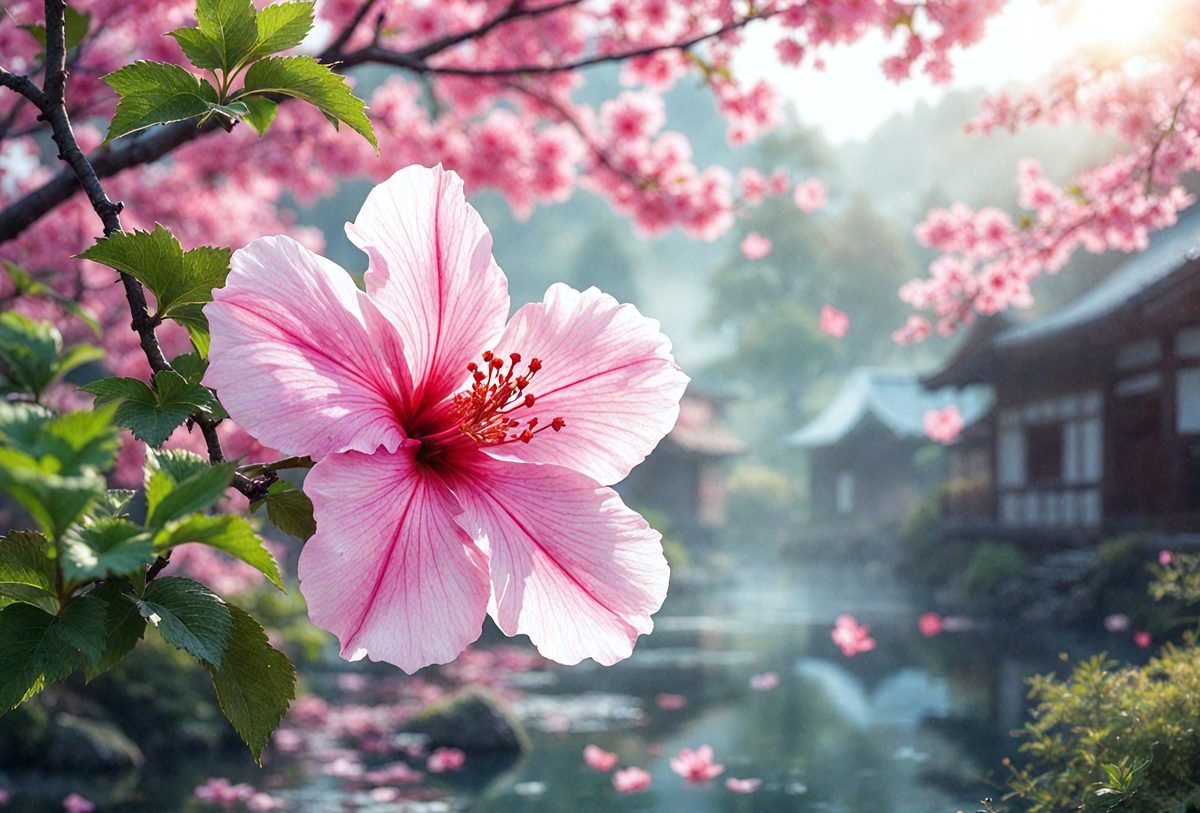 The primary subject of the image is a beautiful pink flower with a white center, which is situated in a serene environment. The flower is located near a body of water, possibly a lake or a pond, and is surrounded by a lush green forest. The visual style of the image is a photo, capturing the natural beauty of the flower and its surroundings. The colors and mood of the image are predominantly pink and green, creating a sense of tranquility and harmony with nature.