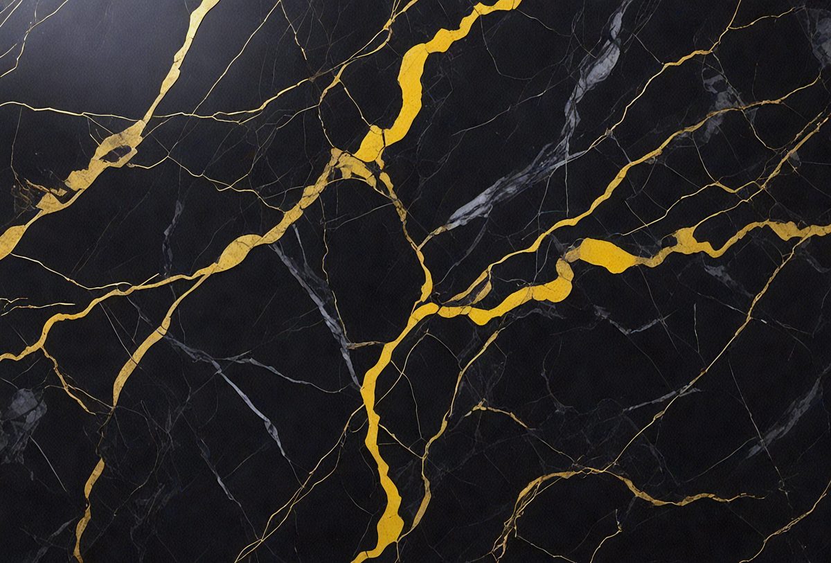 The primary subject of the image is a marble countertop with a yellow and black pattern. The setting is a kitchen, and the visual style is a close-up of the marble countertop. The dominant colors are yellow and black, creating a bold and striking appearance.