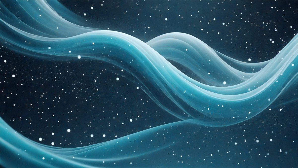 The primary subject of the image is a blue and white swirl, which appears to be a digital art or illustration. The setting is a night sky, with a backdrop of stars. The visual style gives the impression of a painting or a pattern, and the colors and mood are predominantly blue and white, creating a sense of calmness and tranquility.