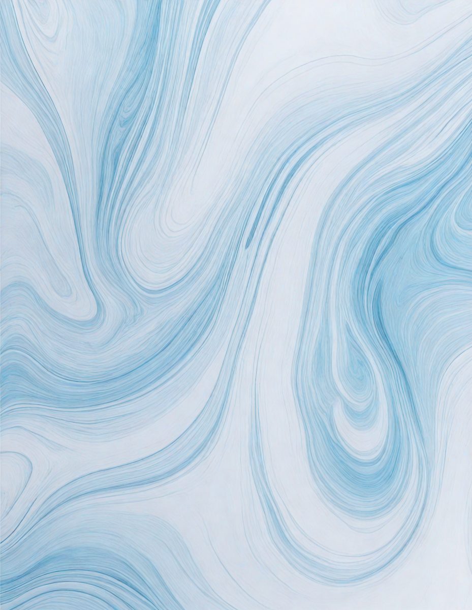 The primary subject of the image is a blue and white swirling pattern, which appears to be a painting or drawing. The setting is a white background, which provides a clean and uncluttered appearance. The visual style is artistic, with the swirls and patterns creating a dynamic and visually engaging scene. The colors and mood of the image are predominantly blue and white, giving it a calm and serene atmosphere.