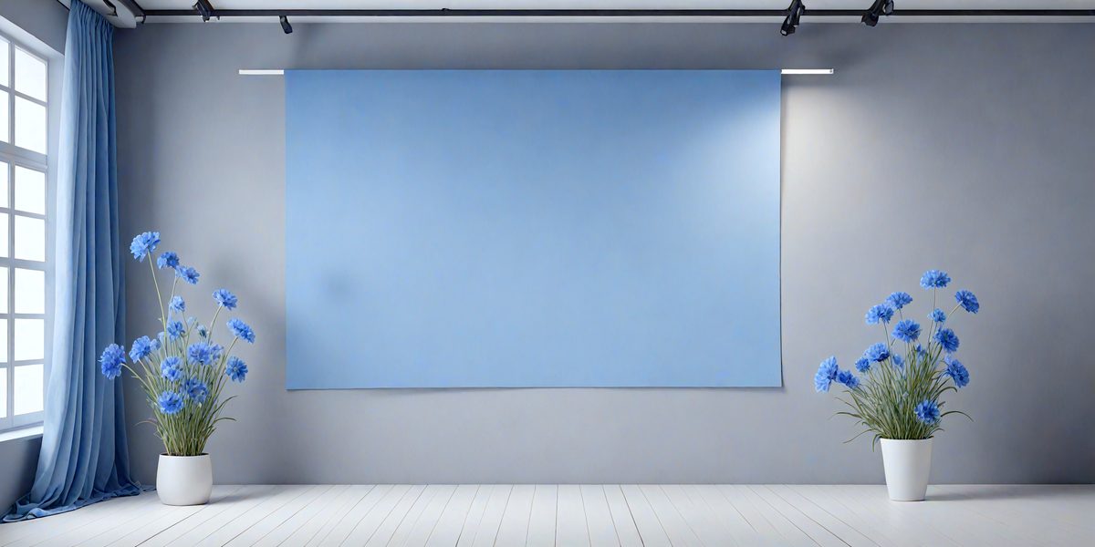 The primary subject of the image is a large blue screen or curtain, which is hanging on a wall. The setting is a room with a white floor, and the visual style appears to be a photo. The dominant colors in the image are blue and white, creating a calm and serene atmosphere.