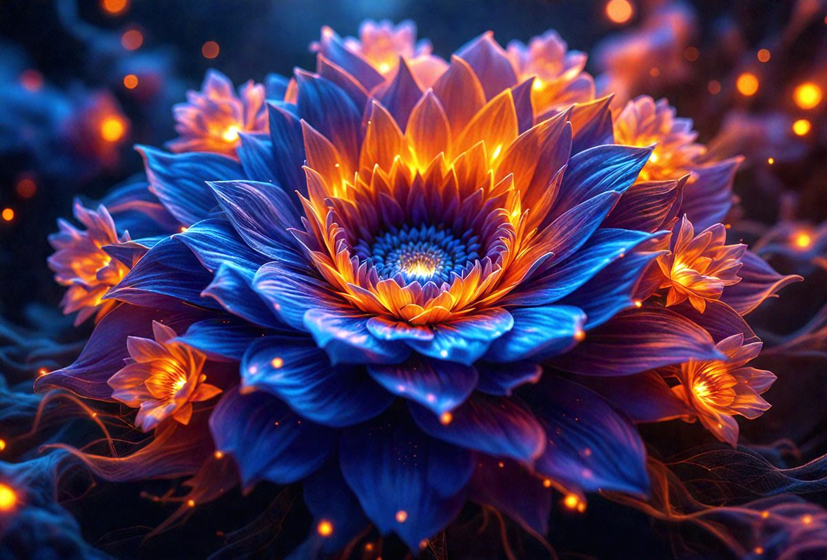 The primary subject of the image is a large, blue, and orange flower with a yellow center. The flower is the focal point of the scene, and it is set against a dark background. The visual style of the image is a combination of photo and digital art, creating a vibrant and eye-catching display. The dominant colors in the image are blue, orange, and yellow, with the blue flower and orange and yellow center creating a striking contrast against the dark background. The overall atmosphere of the image is lively and capt