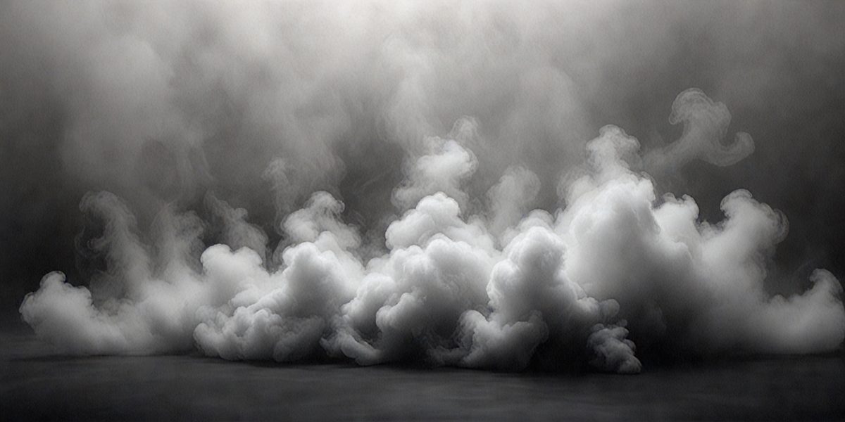 The primary subject of the image is a cloud of smoke, which is the main object, scene, or focus of the image. The setting is a dark, cloudy sky, and the visual style is a black and white photo. The dominant colors are shades of gray, and the overall atmosphere is dramatic and moody.