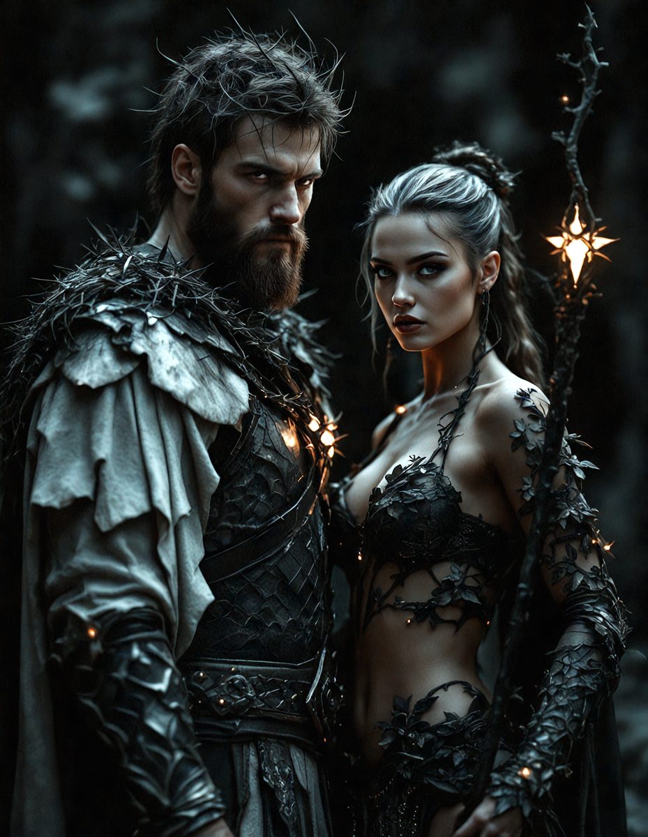 The primary subject of the image is a man and a woman dressed in medieval-style clothing, standing together in a dark forest. The man is wearing a chainmail shirt, while the woman is wearing a corset. The setting is a forest with a rocky background, and the visual style appears to be a combination of photo and digital art. The colors in the image are predominantly dark, with some lighting effects, creating a moody atmosphere.