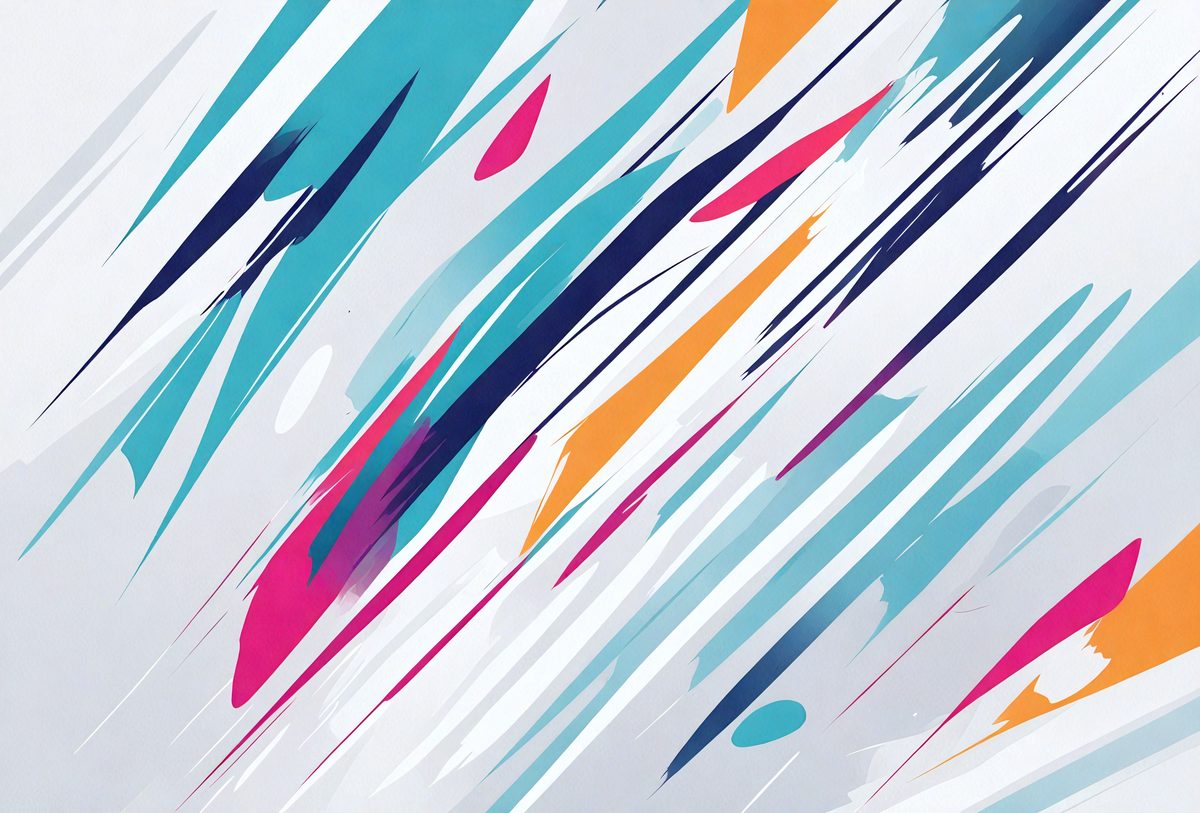 The primary subject of the image is a colorful, abstract painting featuring a mix of blue, orange, and white colors. The painting is displayed on a white wall, creating a striking contrast between the artwork and the background. The visual style of the painting appears to be a combination of digital art and illustration, giving it a unique and vibrant appearance. The dominant colors in the painting are blue, orange, and white, creating a lively and energetic atmosphere.