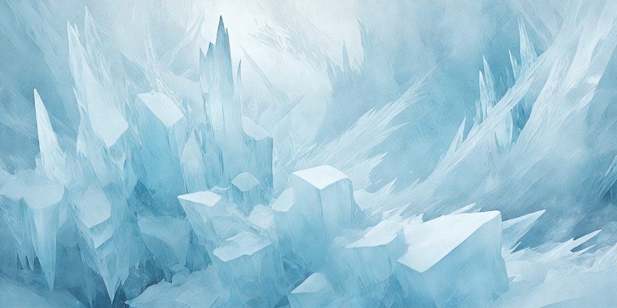 The primary subject of the image is a large, intricate ice sculpture. The setting is a snowy landscape, with the ice sculpture as the main focus. The visual style is a combination of digital art and illustration, creating a unique and captivating scene. The colors and mood of the image are predominantly blue and white, giving it a cold and icy atmosphere.