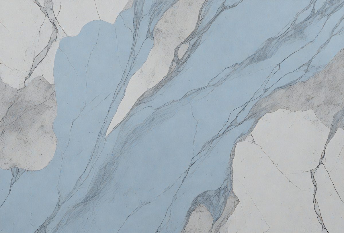 The primary subject of the image is a marble wall with a blue background. The setting is a room with a marble wall, and the visual style is a photo. The colors and mood of the image are predominantly blue, creating a calm and serene atmosphere.