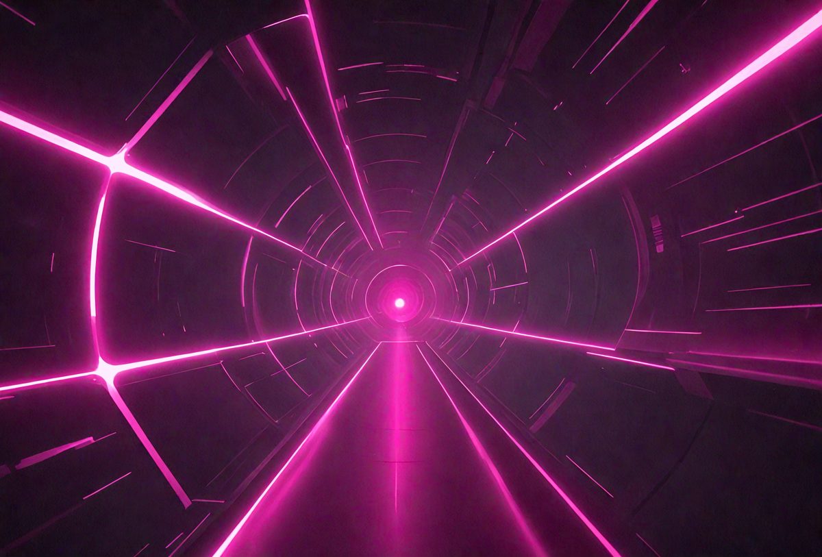 The primary subject of the image is a tunnel with a pink light illuminating it. The setting is a dark, enclosed space, and the visual style appears to be a digital art or illustration. The dominant colors are pink and purple, creating a warm and inviting atmosphere.