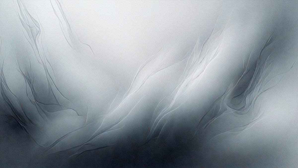 The primary subject of the image is a painting of a cloudy sky. The setting is a dark, cloudy background, and the visual style is a digital art or illustration. The colors and mood of the painting are predominantly dark and moody, with the cloudy sky creating a dramatic atmosphere.