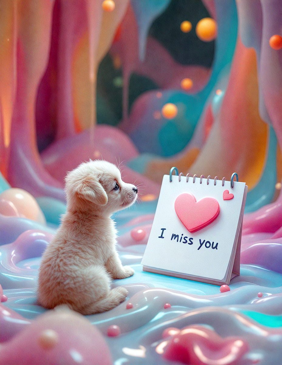 The primary subject of the image is a small dog sitting on a colorful surface. The setting is a vibrant and playful environment, with a backdrop of a colorful wall and a heart-shaped sign. The visual style is a combination of photo and digital art, creating a unique and lively atmosphere. The colors and mood are predominantly bright and cheerful, with a sense of fun and whimsy.