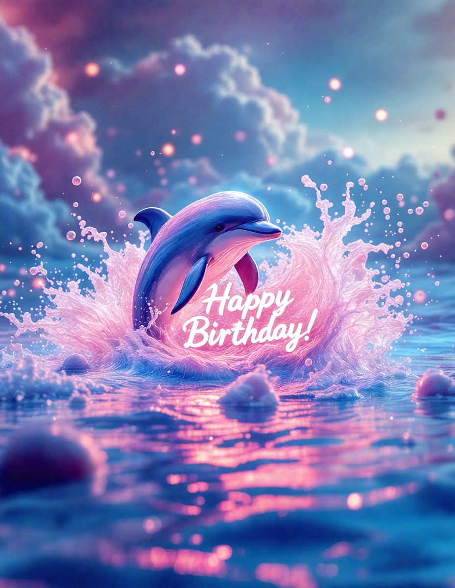 The primary subject of the image is a happy birthday message. The setting is a pink and blue ocean, with a dolphin swimming in the water. The visual style is a digital art or illustration, creating a whimsical and joyful atmosphere. The dominant colors are pink and blue, which are often associated with celebrations and happiness.