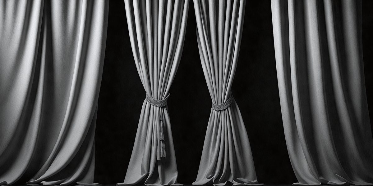 The primary subject of the image is a pair of curtains, which are the main objects in the scene. The curtains are hanging from a rod, and they are positioned in front of a black background. The visual style of the image is a black and white photo, which gives it a classic and timeless appearance. The colors and mood of the image are predominantly black and white, creating a sense of elegance and sophistication.