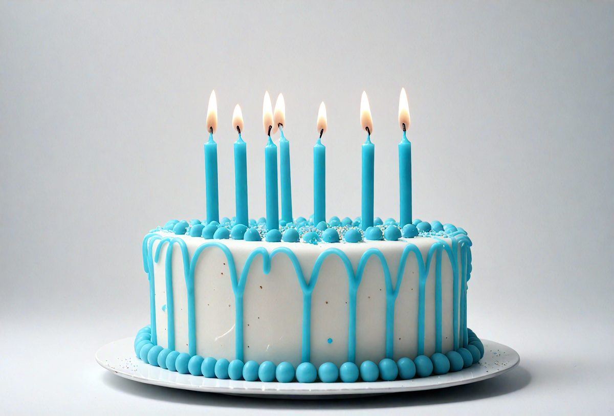 The primary subject of the image is a birthday cake with candles. The cake is white and blue, and it is placed on a white plate. The candles are lit, and they are arranged in a pattern around the cake. The setting is a white background, which provides a clean and simple backdrop for the cake. The visual style of the image is a close-up, which highlights the details of the cake and candles. The colors and mood of the image are warm and celebratory,