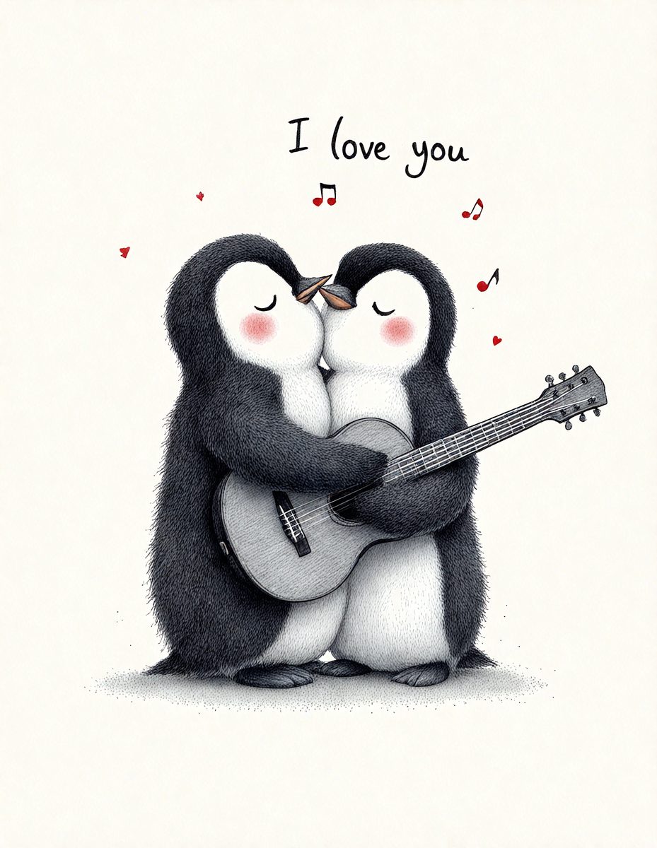 The image features two penguins standing close to each other, with one penguin holding a guitar. The penguins are positioned in a way that they appear to be kissing, creating a playful and affectionate scene. The setting is a white background, which provides a clean and simple backdrop for the penguins and their guitar. The visual style is a combination of digital art and illustration, giving the image a unique and creative appearance. The colors and mood of the image are predominantly light and
