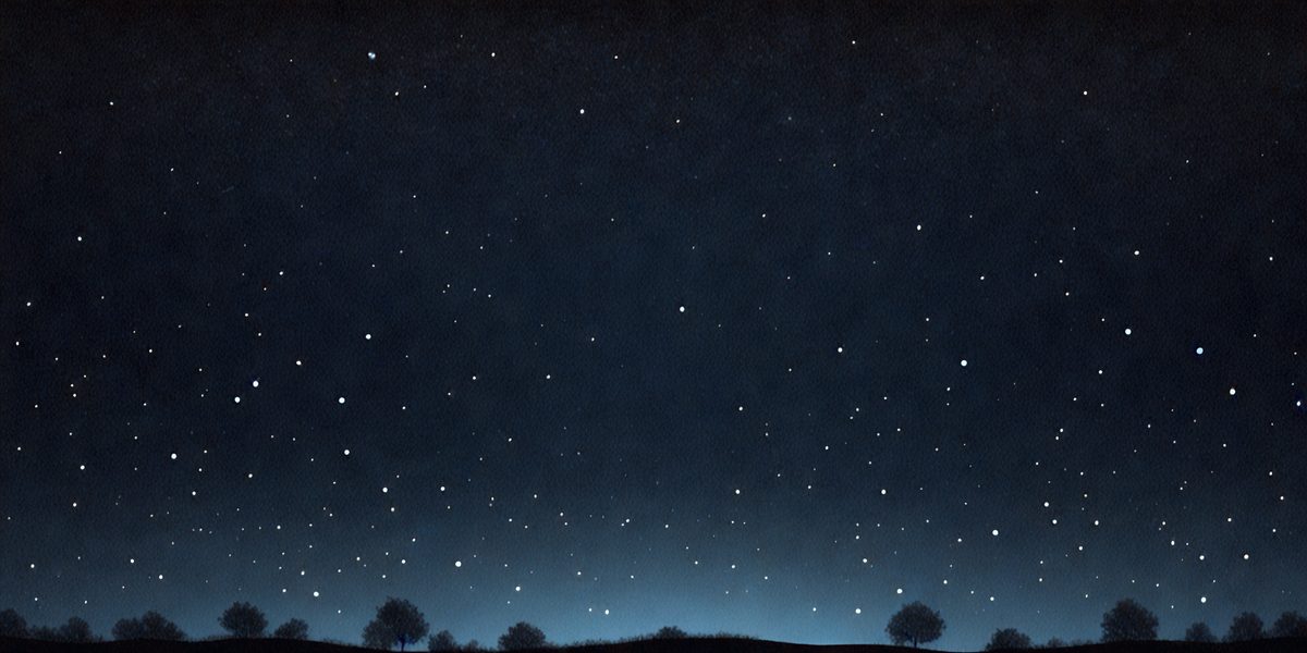 The primary subject of the image is the night sky filled with stars. The setting is a field with trees in the background, creating a serene and peaceful atmosphere. The visual style is a combination of digital art and illustration, with the stars and trees depicted in a detailed and artistic manner. The colors and mood of the image are predominantly dark and tranquil, with the stars and trees providing a sense of calmness and beauty.