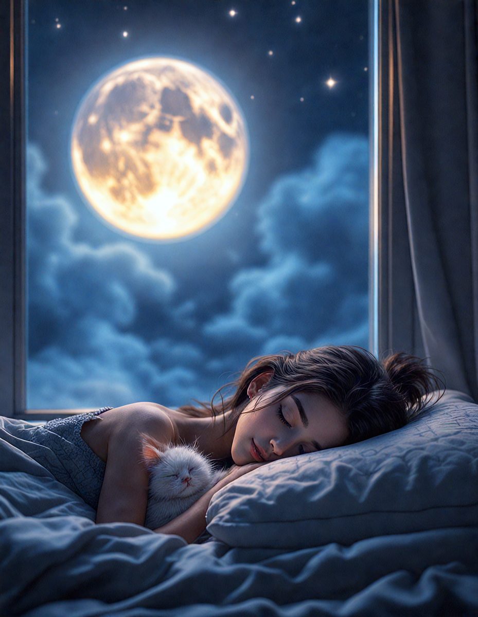 The primary subject of the image is a woman lying in bed, holding a cat. The setting is a bedroom with a window, and the visual style is a digital art or illustration. The colors are predominantly blue and white, creating a calm and serene atmosphere.
